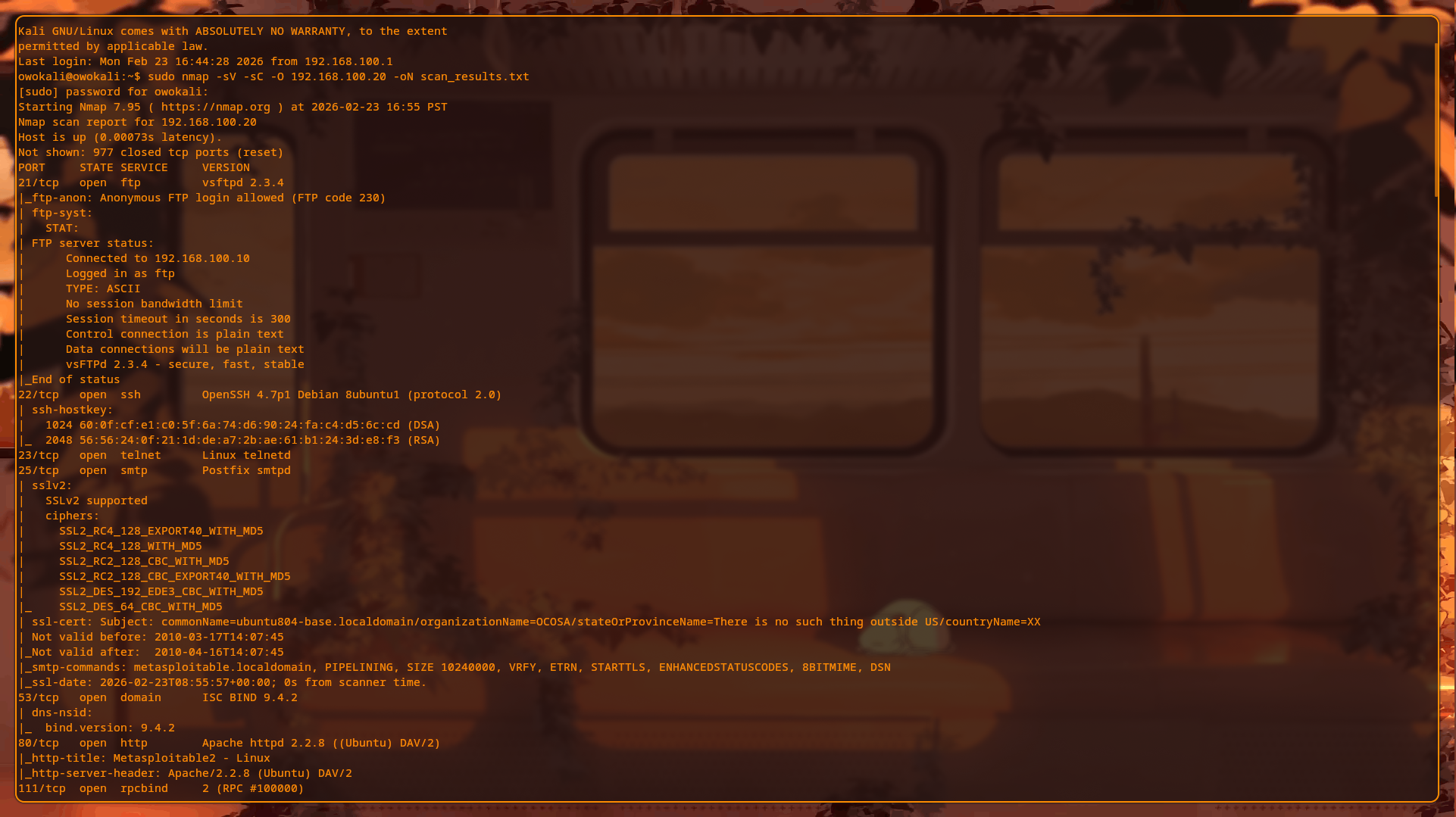 Full nmap scan output showing 23 open ports on Metasploitable2