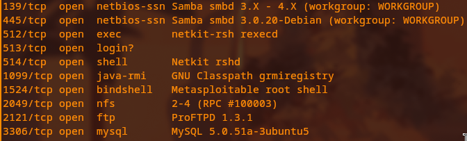 nmap output for ports 1099 and 1524 showing Java RMI registry and Metasploitable root bindshell