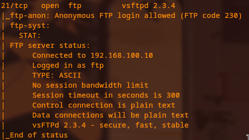 nmap service detection on port 21 showing vsftpd 2.3.4 with anonymous FTP login allowed