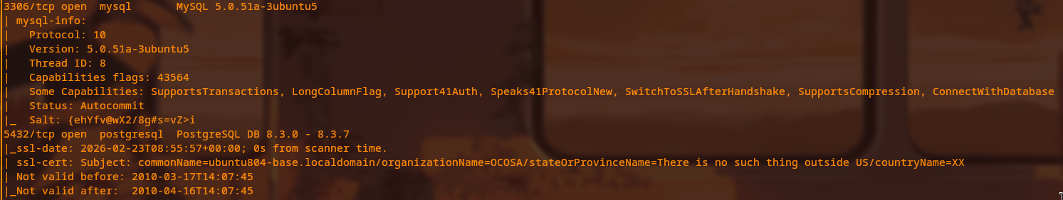 nmap output for ports 3306 and 5432 showing MySQL and PostgreSQL databases exposed to the network